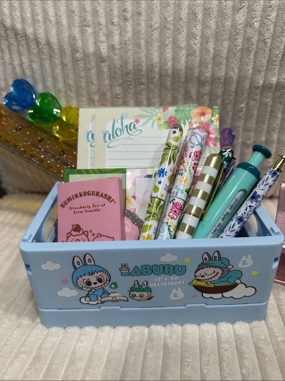 Office supplies w/ labubu box.Includes pens, pads,rulers,eraser,mix of new&used.